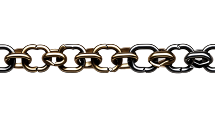 High-contrast macro photography of oxidized metal chains, vintage hanging links with a steampunk and industrial design, isolated PNG
