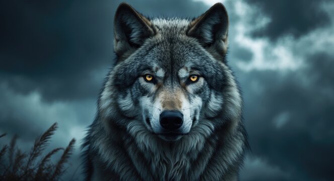 Wolf's face set against a backdrop of a cloudy sky