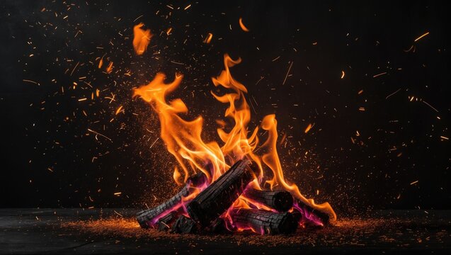 Embers and flames against a dark backdrop. Blazing sparks emerging from glowing coals. Striking abstract visual representing fire, illumination, and vitality.