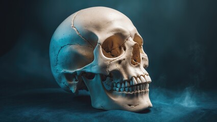 Cranial anatomy: A detailed view of the skull bones, showcasing their distinct features in various hues. Lateral perspective of cranial bone names.