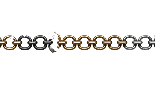 Rusty metal chains with dangling links, antique iron hardware with oxidized textures, isolated on a white background in high contrast