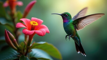 Vibrant green hummingbird, Colibri thalassinus, hovering beside bright red flower in tropical garden, bird from mountain forest in Savegre, Costa Rica, stunning natural setting, colorful hummingbir...
