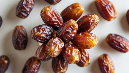 Aerial view of delicious dried dates (fruits from the date palm Phoenix dactylifera). Vivid colors and appealing texture.