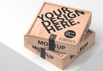 Two Wooden boxes mockup with sticker on the table
