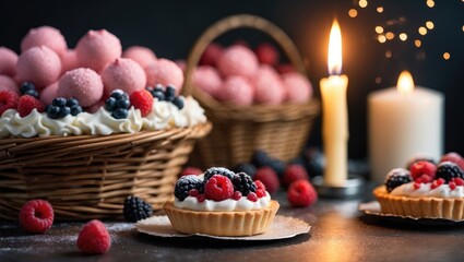 Tartlet topped with berries alongside a basket of pink treats, featuring a lit candle nearby. Creamy cake baskets adorned with fruit. Vertical layout.