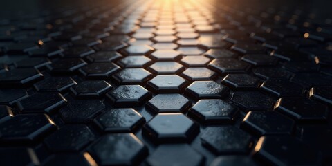 Obraz premium Abstract Hexagonal Pattern Dark, Reflective Surface with Warm Light Glimmer