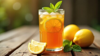 Fototapeta premium Freshly made honey lemon iced tea. Invigorating morning beverage.