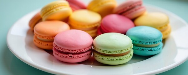 Close-up of assorted colorful macarons on a white plate, treat, French, dessert