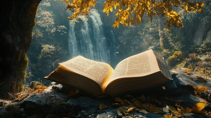 an open book sits on rocks near a waterfall framed by fall foliage in a magical and peaceful reading nook outdoors during daytime