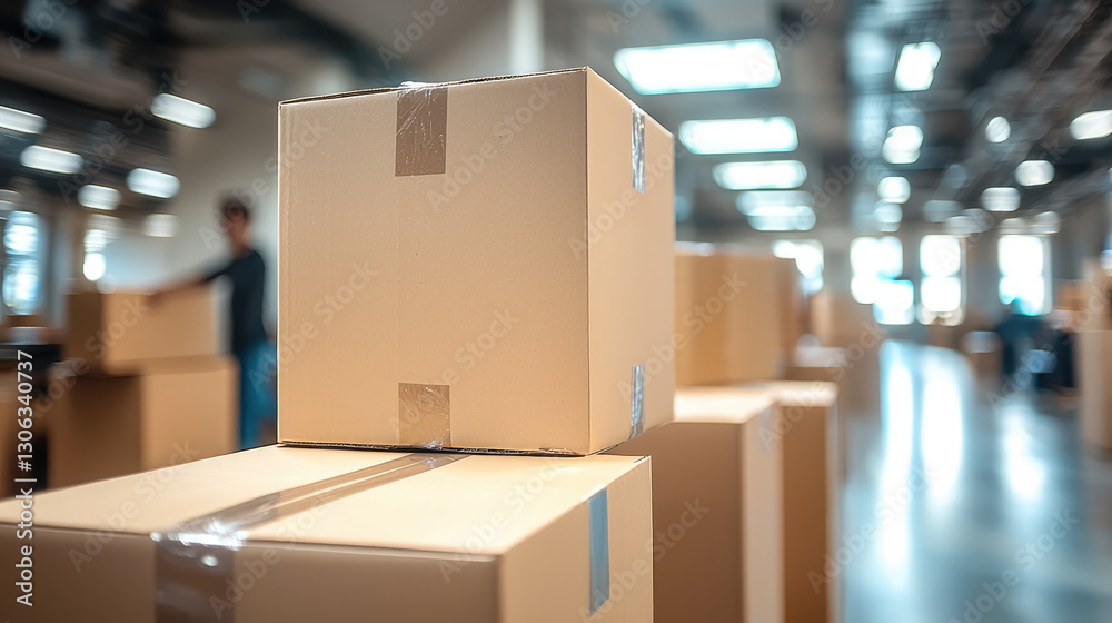 Aufkleber efficient worker organizing cardboard boxes in warehouse environment