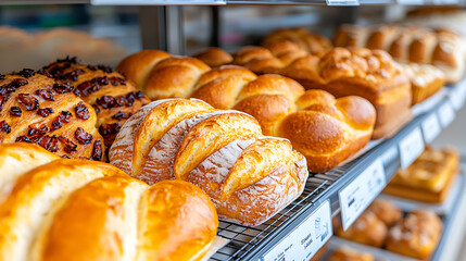 Freshly baked bread selection supermarket bakery section food display cozy environment eye-level view tempting aroma