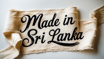 Vintage ribbon flag showcasing "Made in Sri Lanka" in handwritten typography, brush stroke style, displayed against a white background.