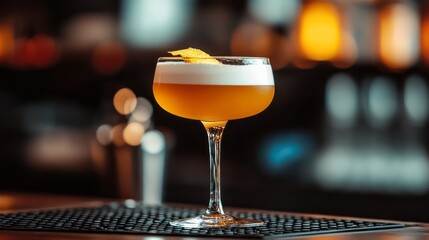 Delicate layers of a craft cocktail blend with vibrant colors, served in a stylish coupe glass adorned with a twist of citrus for visual allure in a chic bar setting