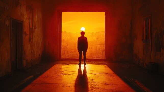 Silhouette Man Sunset Doorway Ruin Hope