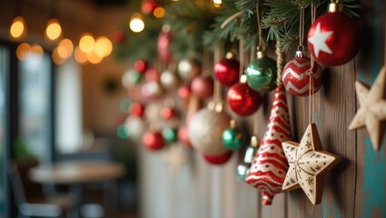 Obraz premium Crafted seasonal ornaments hang from the branches on the wall.