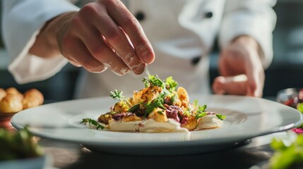 With precision and passion, a skilled chef delicately sprinkles fresh herbs atop a beautifully plated dish, highlighting culinary creativity in an inviting kitchen environment