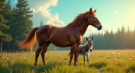 Horses grazing in a meadow with a forest and clear blue sky in the background, featuring a wild horse alongside a donkey.