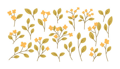 Blooming tree branches. Green leaves, branches, sprigs with yellow flowers collection. Cottagecore botanical elements set. Vector illustration.