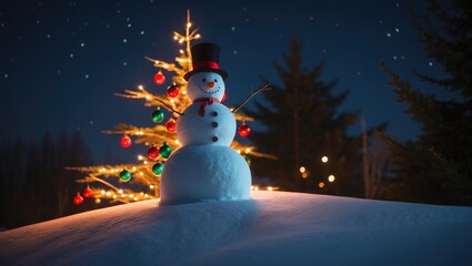 Obraz premium Frosty figure beside a glowing Christmas tree adorned with ornaments sits atop a snowy hill at night.