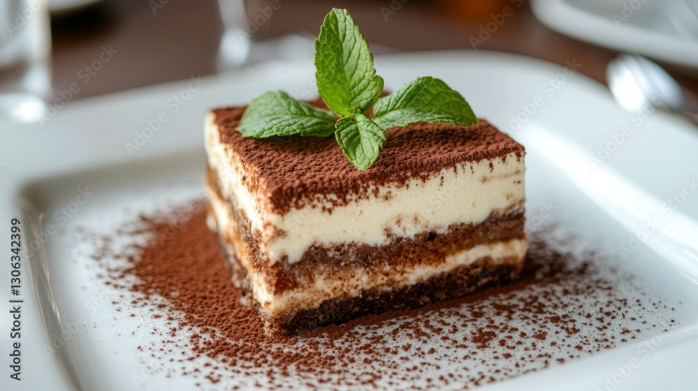 Poster layers of creamy mascarpone and coffee-soaked biscuits create a tempting dessert on a plate dusted w
