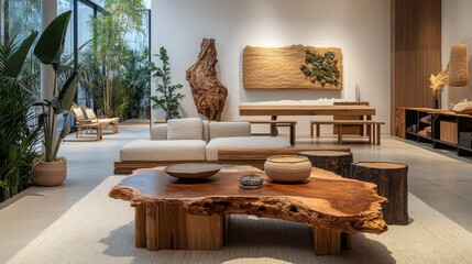 Modern Eco-Friendly Furniture Showroom Featuring Natural Wood Designs and Greenery