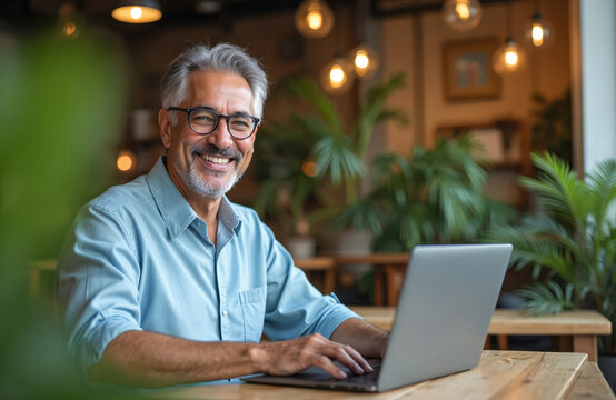 Middle aged Hispanic man smiles using laptop in cafe. Mature latino man online training. Confident professional browses wireless computer in modern cyberspace. Stylish 50s entrepreneur works indoor,