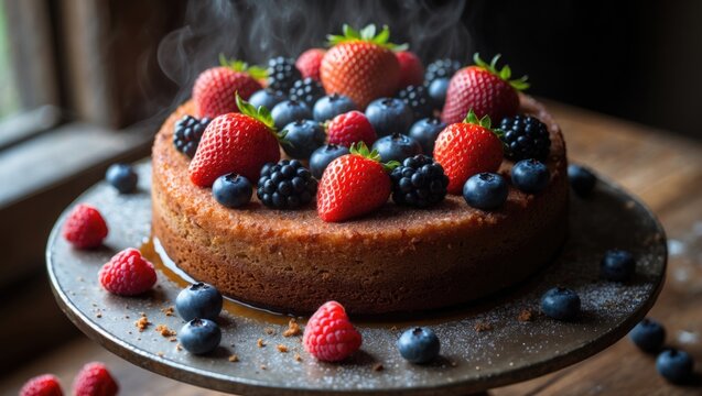 Homemade inverted cake topped with an assortment of berries, featuring organic strawberries, blueberries, blackberries, and raspberries.