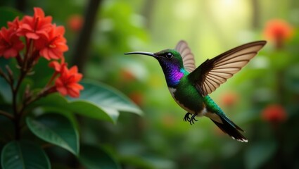Naklejka premium Hummingbird in a vibrant floral forest environment. Green Violet-ear, Colibri thalassinus, fluttering in the tropical woodland setting, Savegre, Costa Rica. A wildlife moment captured in the jungle.