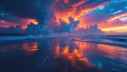 The evening sky filled with stormy clouds casting reflections on the ocean surface creates a stunning view.