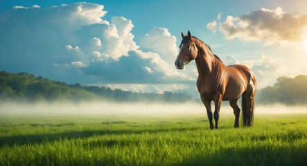 Horse standing in a field on a sunny summer day.