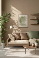 Cozy living room with wooden furniture, potted plants, and a light-green abstract painting.