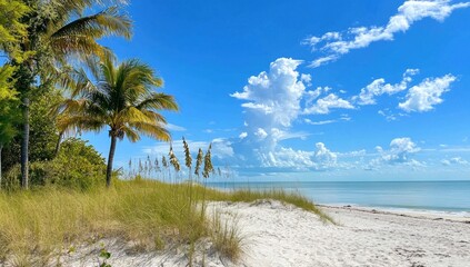 Tropical beach scene with palm trees, sand, and ocean. Sunny day with fluffy clouds.