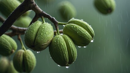 Unripe Fruit of the Greek Nut Tree. Close-up of green walnuts on a branch after rainfall.