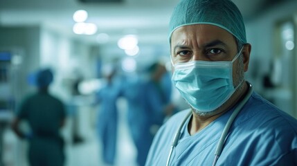 A senior South Asian male doctor in scrubs and mask, focused and professional, represents dedication in a hospital setting, caring for patients' health.