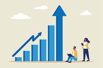 Grow business increase sales and profit, growth or progress to achieve goal and target, improve or development to boost performance concept, business people team looking at high rising up graph arrow.