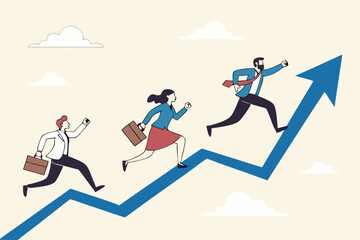 Growth strategy, career path development or growing business, employee training or improvement, job promotion concept, businessman people employees running on career path arrow in rising up direction.