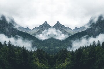 Fototapeta premium Majestic mountains and a dense forest landscape, with a misty atmosphere, perfect for nature photography.