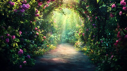 Magical Flower Garden Pathway: Sunlit Arch of Pink Roses and Lush Green Foliage