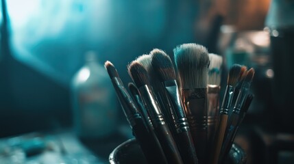 Artist paintbrushes in studio, close-up, dark background, creative process