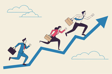 Growth strategy, career path development or growing business, employee training or improvement, job promotion concept, businessman people employees running on career path arrow in rising up direction.