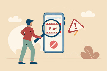 Fake news, false information sharing on social media, hoax or lies censorship, fake website cheating, scam or dishonesty report concept, man magnifying glass on social media as fake news attention.