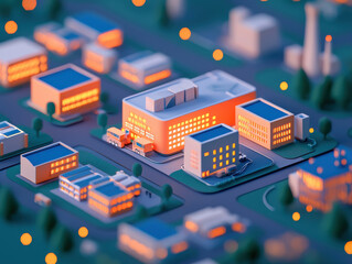 Obraz premium vibrant logistics hub with illuminated buildings at night