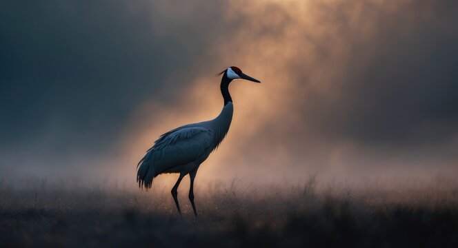 The demoiselle crane (Grus virgo) in a misty landscape.