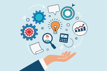 Skill, work experience or ability development, expertise success, leadership or communication to success, learning skills, wisdom concept, businessman hand hold multiple skills set to achieve success.