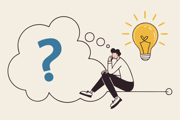 Problem solving skill, critical thinking or finding solution to solve problem, answer question, creativity or imagination, businessman on thinking bubble connect question mark to lightbulb solution.