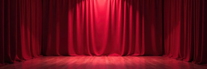 Fototapeta premium Deep red drapes, focused spotlight, expansive view , light, background, drapes
