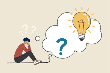 Problem solving skill, critical thinking or finding solution to solve problem, answer question, creativity or imagination, businessman on thinking bubble connect question mark to lightbulb solution.