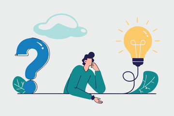 Problem solving skill, critical thinking or finding solution to solve problem, answer question, creativity or imagination, businessman on thinking bubble connect question mark to lightbulb solution.
