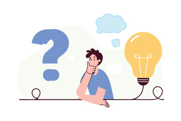 Problem solving skill, critical thinking or finding solution to solve problem, answer question, creativity or imagination, businessman on thinking bubble connect question mark to lightbulb solution.