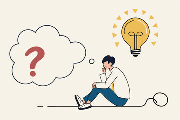 Problem solving skill, critical thinking or finding solution to solve problem, answer question, creativity or imagination, businessman on thinking bubble connect question mark to lightbulb solution.